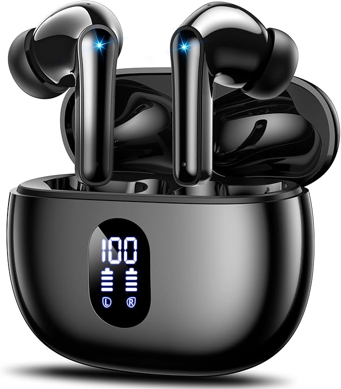 Wireless Earbuds Bluetooth 5.3 Ear Buds, Hi-Fi Stereo Bass Ear Buds with 48H Playtime & LED Display, Lightweight in-Ear Headphones with Mic, IPX7 Waterproof, Touch Control for iPhone