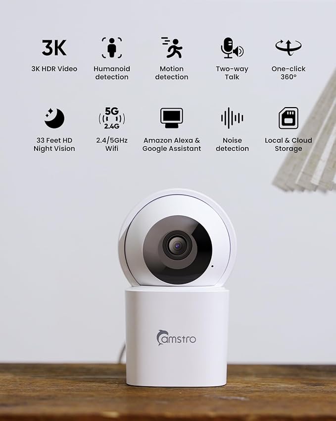 3K Indoor Security Camera 360°PTZ Home Baby/Pet Monitor, Auto Tracking,2.4/5GHz WiFi, AI Motion & Sound Detection,2-Way Audio, Night Vision, SD/Cloud Storage, Works with Alexa, No Monthly Fee