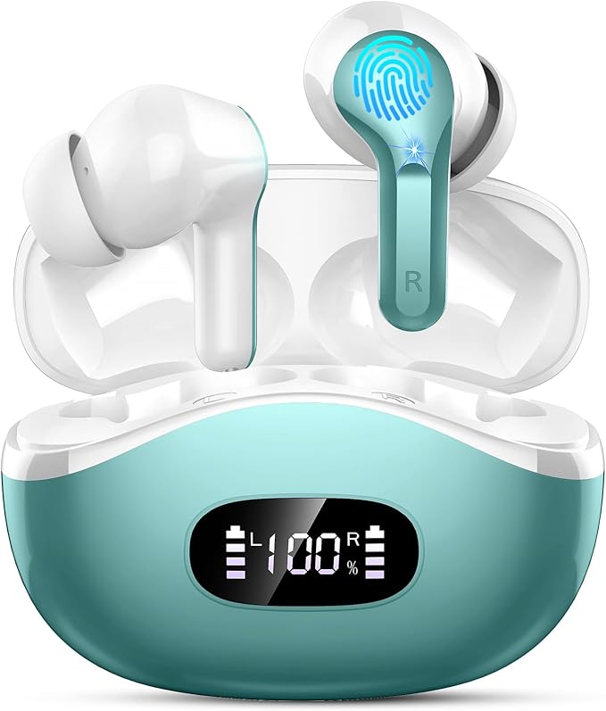 Wireless Earbuds, 48Hrs 2026 Bluetooth Headphones, Hi-Fi Stereo Deep Bass Ear Buds, ENC Noise Cancelling Mic, Clear Calls, IP-X7 Waterproof, USB Sport Earphones in Ear for Phones Laptop Pad, Green