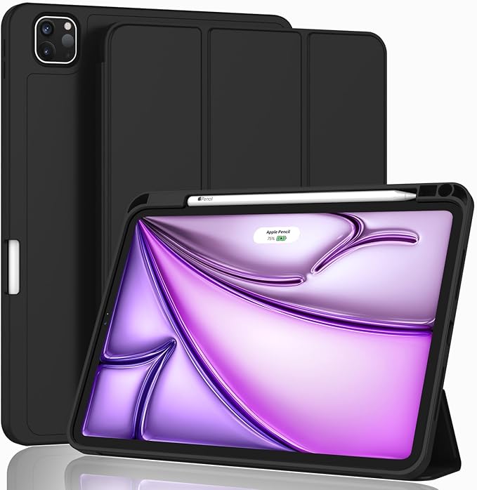 ZryXal New iPad Air 13 Inch Case M3 2025/M2 2024 with Pencil Holder, Trifold Stand Smart Case with Soft TPU Back,Auto Wake/Sleep (Black)