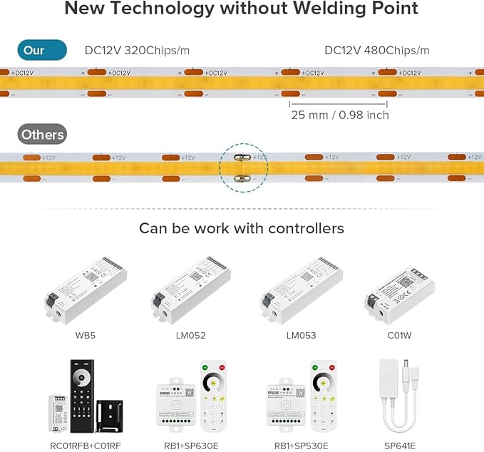COB LED Strip Lights 16.4FT DC12V Warm White 2700K Dimmable Flexible Uniform Adhesive 480LEDs/m COB Strips for DIY Home Decor Shelf Cabinet, No Adapter/Controller