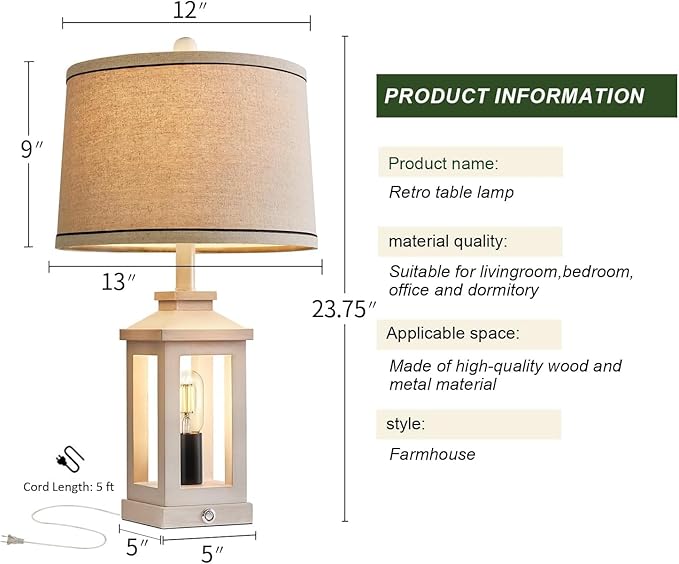 G-SAFAVA 23.75" Retro Farmhouse USB C+A Ports Table Lamp with 3 Way Dimmable Touch Control White Nightlight Vintage Modern Lamp for Living Room Bedroom with 2 Light Sources