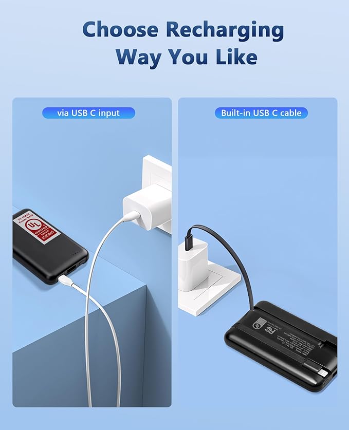 Miady 2-Pack UL Listed Small Portable Charger, 5000mAh Slim Power Bank Built-in 2 Cables Compatible with iPhone 17/16/15/14/13 Galaxy S24/S22 etc (2 White)