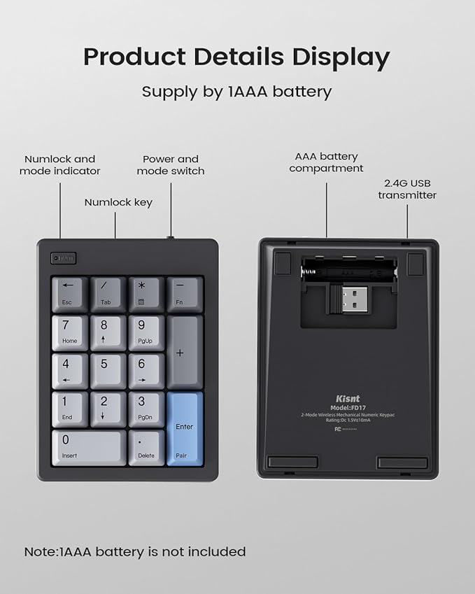 Kisnt FD17 Wireless Mechanical Number Pad, Bluetooth 5.0& 2.4G Dual Mode Numeric Keypad, 17 Keys Hot Swappable Numpad with PBT Keycaps for Laptop/PC/TKL Keyboards(Black, Linear Switch)