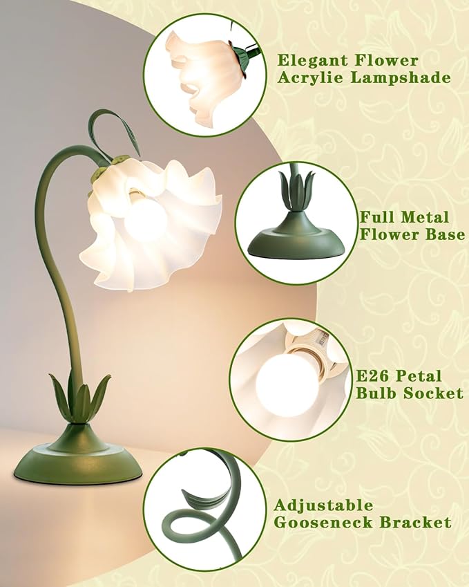 WERFOP Flower Table Lamp, LED Reading Light Vintage Bedside Table Lamp with 3 Color Modes for Nightstand, Kawaii Decoration for Home Bedroom Living Room (Green)