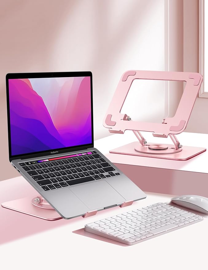 Vaydeer Adjustable Laptop Stand for Desk,Computer Stand Riser with 360° Free Rotation Base and Foldable Design Ergonomic Laptop Riser Fits for MacBook,Dell, HP and More 10-15.6” Laptops (Pink)