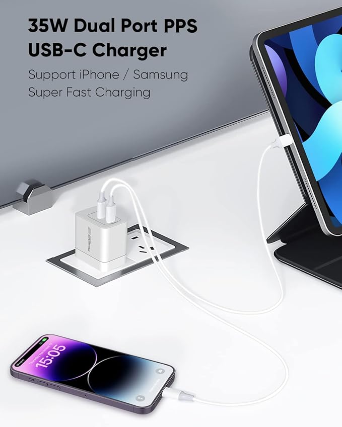 PowerLot USB C Charger, GaN III 35W Dual USB C Wall Charger, PPS Super Fast Charging Block with Foldable Plug for iPhone 15 14 13 12 11, Samsung S23 S22 S21, Pixel 7 6 Pro, MacBook Air, iPad, iWatch