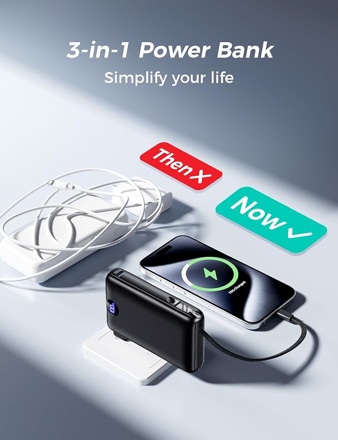 Power Bank, 50000 mAh Portable Charger with Built in Cable & Wall Plug, 22.5W Fast Charging, Travel Essential Battery Pack with LED Display for iPhone 17/16/15/14 Series, Galaxy, iPad Dark