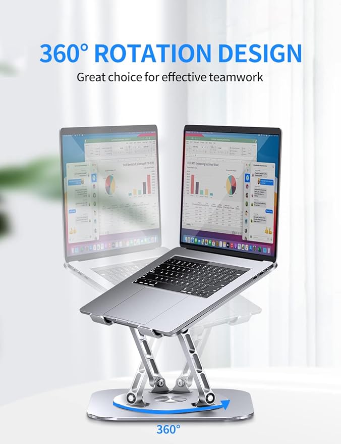 AOEVI Adjustable Computer Stand with 360 Rotating Base, Ergonimic Foldable Laptop Riser for Desk Compatible with MacBook Pro/Air Notebook up to 16 Inches, Silver