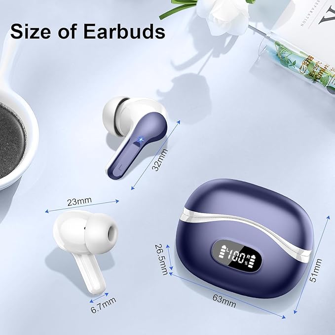 Wireless Earbuds, Bluetooth Headphones 5.4 HiFi Stereo, Ear Buds with 4 ENC Noise Cancelling Mics, 48H Bluetooth Earbuds with Dual LED Display, IP7 Waterproof in Ear Earphones, Deep Blue