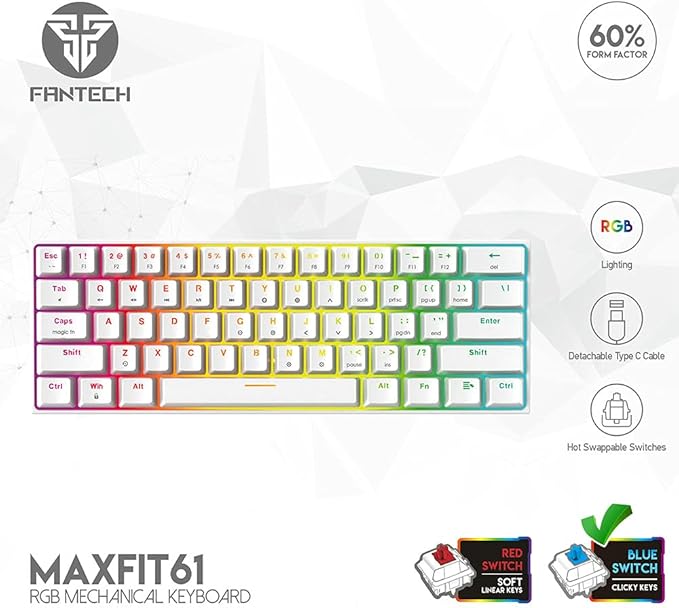 FANTECH MAXFIT61 RGB Wired 60% Mechanical Keyboard, 61 Keys Hot Swappable Type-C Programmable Gaming Keyboard, Blue Switch, White