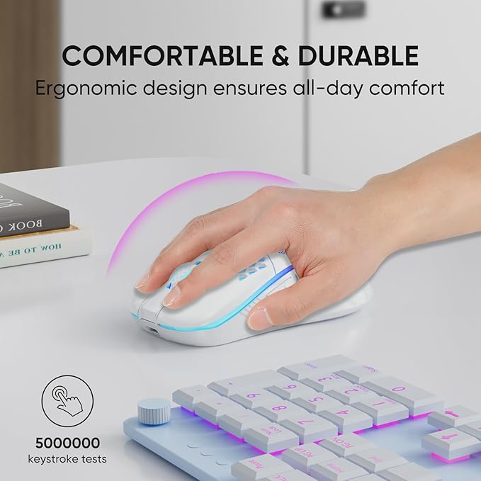 MELOGAGA Wireless Gaming Mouse Honeycomb 2.4G USB Cordless Mouse RGB Rechargeable PC Game Mice with 7-Color LED Lights，4 Adjustable DPI for Windows Laptop Desktop Computers -White