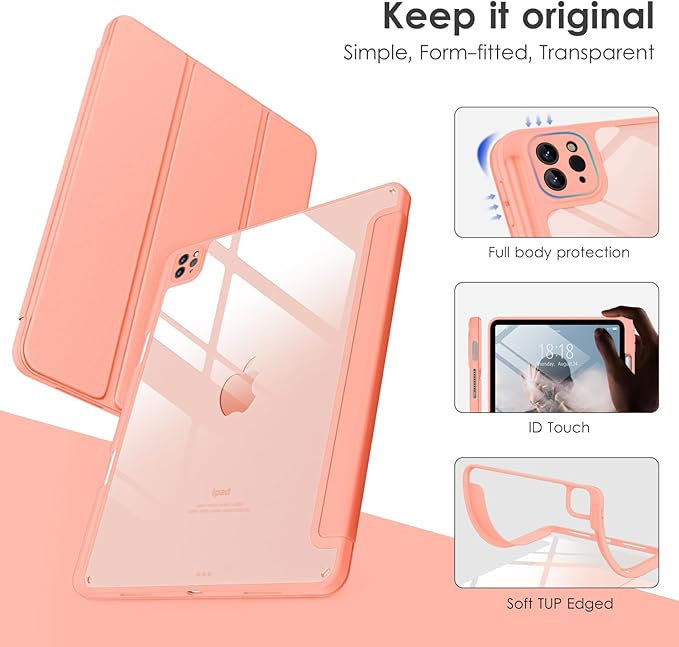 VIKESI for iPad Pro 11 Inch 4th/3rd/2nd/1st Generation Case, iPad Air 11-inch / 5th / 4th Generation Case with Clear Back,Pencil Holder,Auto Sleep/Wake,Camera Protection,Spanish Pink