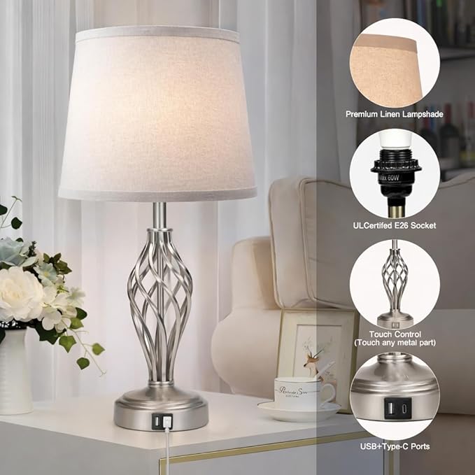 Ruiever Touch Table Lamps Set of 2, nightstand lamp with USB Ports Bedside 3 Way Touch dimmer Desk lamp for Living Room Bedroom,Nickel Plated Spiral cage Base Design Warm White dimmer Bulbs Included