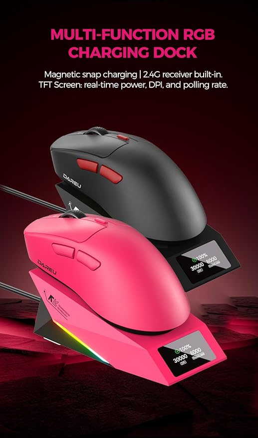 DAREU AE7 Pro Wireless Gaming Mouse with Charging Dock, 8K Polling, 30K DPI Custom P3950 Sensor, 62g Lightweight Right-Handed Mouse w/Tri-Mode connectivity,6 Programmable Buttons