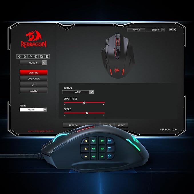 Redragon M908 Impact RGB LED MMO Gaming Mouse with 12 Side Buttons, Optical Wired Ergonomic Mouse with Max 12,400DPI, High Precision, 18 Programmable Macro Shortcuts, Comfort Grip