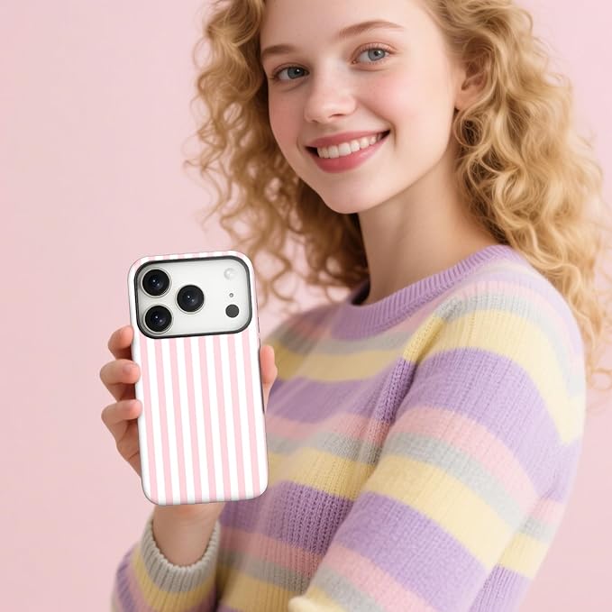 Magnetic for iPhone 17 Pro Max Case Cute Stripes Phone Case, Shockproof Slim TPU and Hard PC Protective Phone Cover Compatible with MagSafe Designed for Women Girls, Pink and White