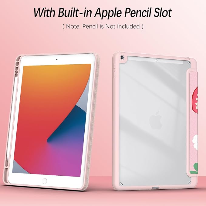 Case for iPad 9th / 8th / 7th Generation (2021/2020/2019) 10.2 inch, Case with Pencil Holder, Stand Clear Back Cover Cute Cool Design for Women Girls, Auto Sleep/Wake, Strawberry