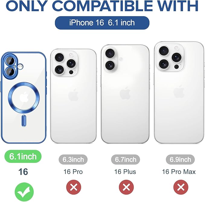 Hython Magnetic Clear for iPhone 16 Case with Camera Lens Protector [Compatible with MagSafe] Luxury Plating Edge Slim Soft TPU Cover Protective Phone Case for iPhone 16 6.1", Deep Blue