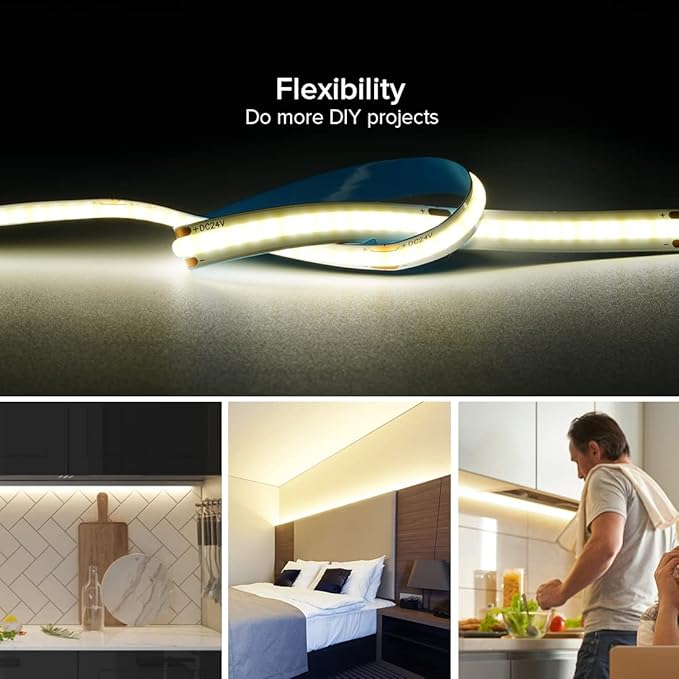 16.4FT DC24V COB LED Strip 4000K Natrual White 320LEDs Flexible High Density Uniform Bright Light Strip 9W/m, Dimmable LED Light for DIY Kitchen Bedroom Home Decor, No Power and Controller
