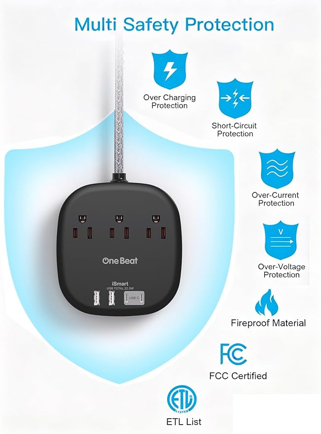 Cruise Ship Travel Essentials, 22.5W/4.5A Flat Plug Power Strip, Flat Extension Cord 3Ft, 3 Outlets 4 USB Ports (2 USB C) Cruise Approved Power Strip No Surge Protection, USB Charging Station, Black