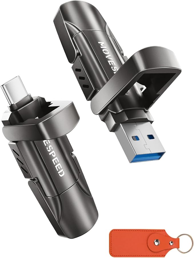 MOVE SPEED 256GB Thumb Drive, 1000MB/s Read Write Speed, USB 3.2 Gen2+Type C Dual Interface SSD Drive with Leather Case Memory Stick for iPhone 15, 16, 17 Series/MacBook/Android/Audio etc(1 Pack)