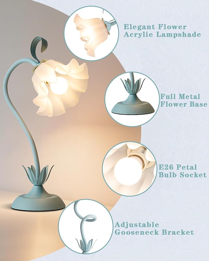 WERFOP Flower Table Lamp, LED Reading Light Vintage Bedside Table Lamp with 3 Color Modes for Nightstand, Kawaii Decoration for Home Bedroom Living Room (Blue)