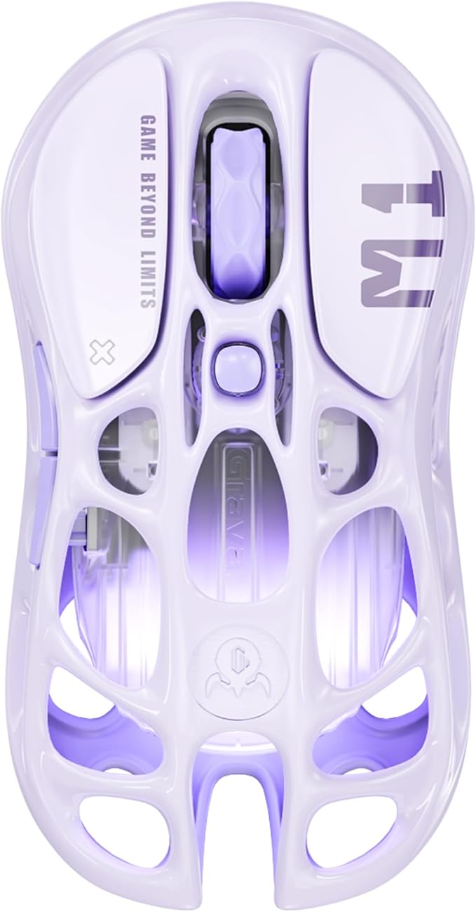 GravaStar Mercury M1 Pro Gaming Mouse, Lightweight Magnesium Alloy, 26,000 DPI, PAW3395DM Sensor, 5 Programmable Buttons, Support Wired/2.4GHz/BT, Up to 200 Hours Battery Life (Lavender Purple)