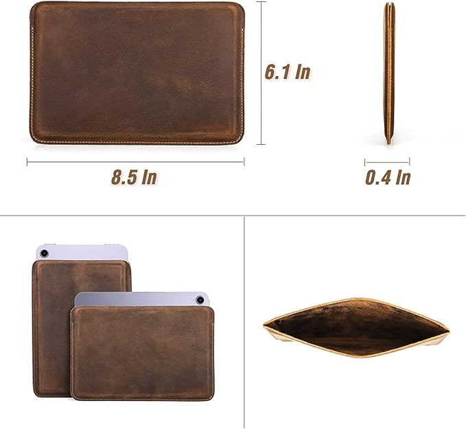 Top Grain Leather 8.3" Slim Tablet Sleeve Case Protector, Solid Minimalist Vintage Design, Fully Handmade, Compatible with 8.3" iPad mini 6 iPad mini 7.9" & Other Tablet, Brown 8.3 Inch