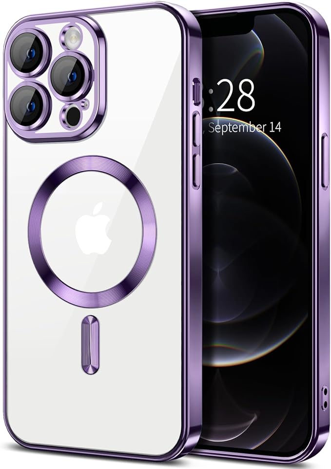 Hython Magnetic Clear for iPhone 12 Pro Case with Camera Lens Protector [Compatible with MagSafe] Luxury Plating Edge Slim Soft TPU Cover Protective Phone Case for iPhone 12 Pro 6.1", Deep Purple