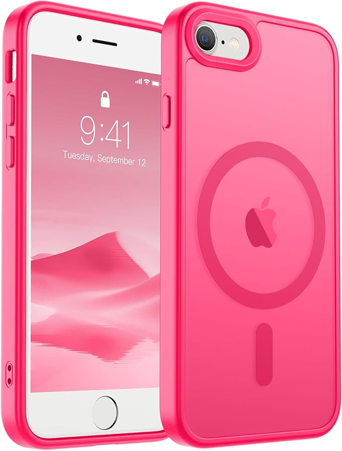 SUPFINE Magnetic for iPhone SE Case 2022 (3rd)/2020 (2nd), iPhone 8 Case (Compatible with MagSafe) (Military Grade Drop Protection) Translucent Matte Phone Case, Hot Pink