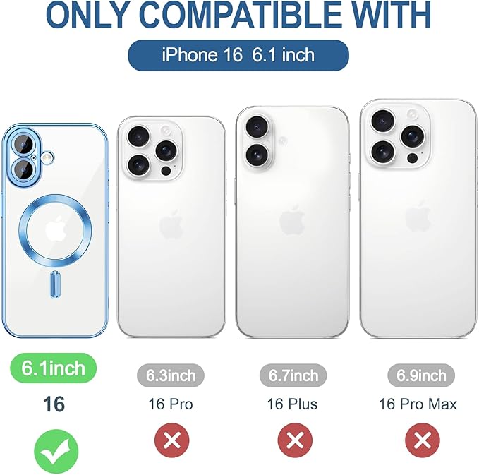 Hython Magnetic Clear for iPhone 16 Case with Camera Lens Protector [Compatible with MagSafe] Luxury Plating Edge Slim Soft TPU Cover Protective Phone Case for iPhone 16 6.1", Light Blue