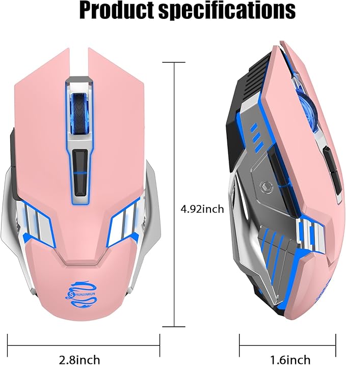 Bluetooth Wireless Gaming Mouse, RGB Rechargeable USB Wireless Mouse, Quiet Click, LED Backlit, Ergonomic, with Side Button, DPI Adjustable Computer Mice for Laptop PC MacBook Chromebook - Pink