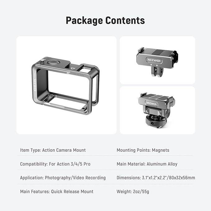 NEEWER Action Camera Cage Kit Compatible with DJI Osmo Action 5 Pro 4 3 DJI Mic, Protective Frame Accessories with Quick Release Cold Shoe Mount & Magnetic Mount Adapter, AC011+AC012+ AC014