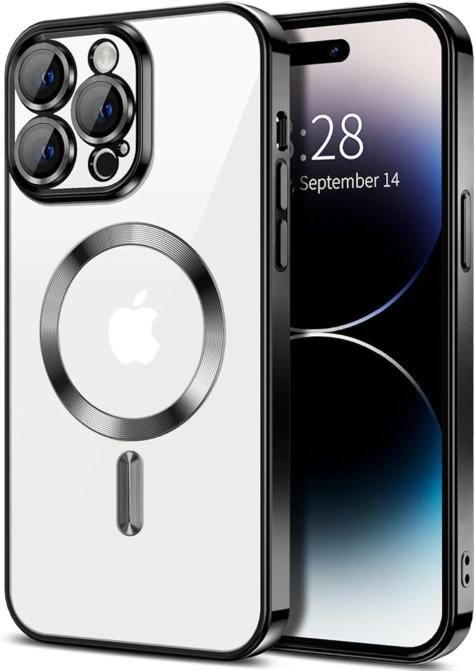 Hython Magnetic Clear for iPhone 14 Pro Case with Camera Lens Protector [Compatible with MagSafe] Luxury Plating Edge Slim Soft TPU Cover Protective Phone Case for iPhone 14 Pro 6.1", Black