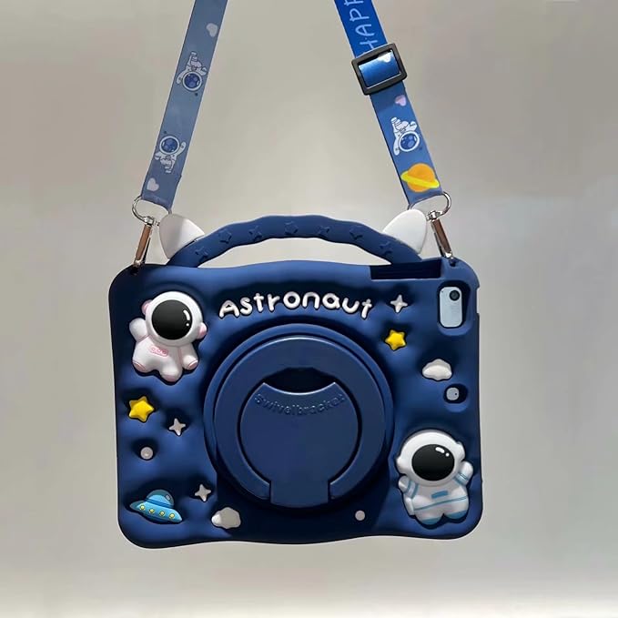 3D Cute Press Astronaut Case for iPad Pro 11 inch/Air 5th 2022/Air 4th 2020 10.9 inch,Kawaii Cartoon Character Space Soft Silicone Rotating Stand Case with Lanyard for Kids Teens Girls Women
