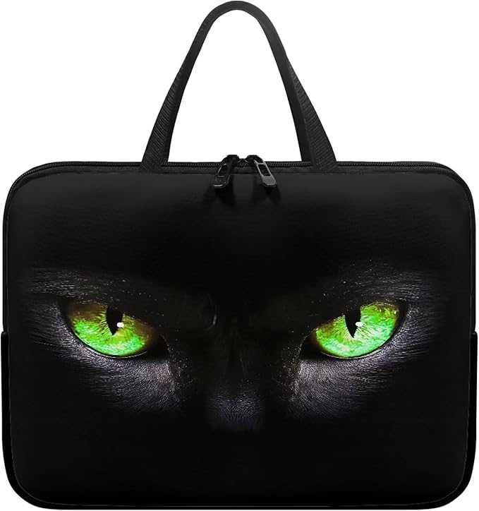 15 Inch Laptop Sleeve, Black Cat Green Eyes Laptop Cover Computer Bag Tablet Carrying Case with Handle, Funny Printed Notebook Case Handbag Briefcase Shoulder Bag for Office/School