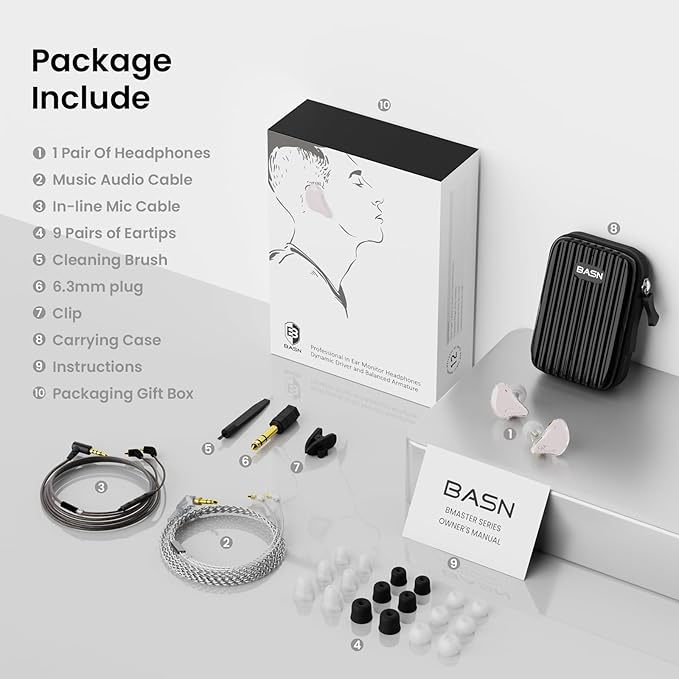 BASN in Ear Monitor Headphones, Triple Driver IEM Earphones with Powerful Bass, Noise Isolation HiFi Stereo Wired Earbuds for Musicians Singers Drummers (Cloud Pink)