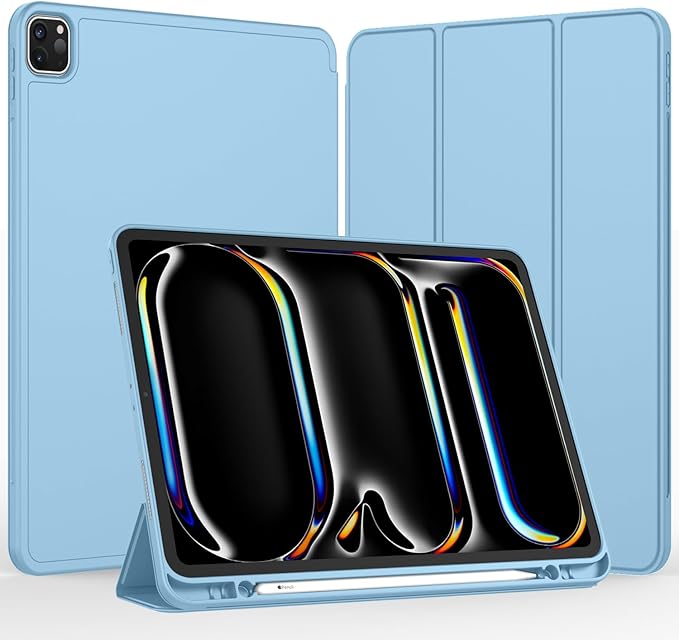 iMieet Case for iPad Pro 11 Inch (M5) 2025 /(M4) 2024 5th Gen, Trifold Stand Smart Cover with Pencil Holder and Soft TPU Back, Auto Wake/Sleep (Azure Blue)