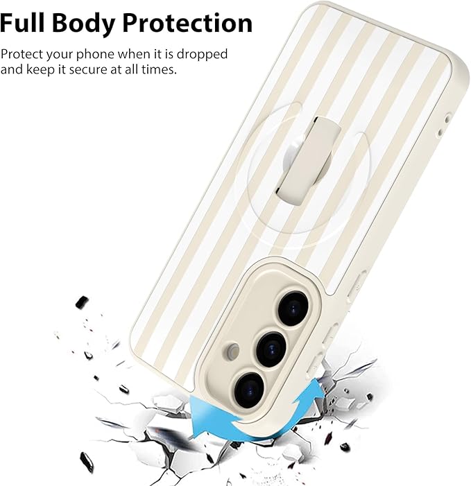 KANGHAR Compatible with Samsung Galaxy S25 Case, Support for MagSafe, Silicone Stripes Cute Pattern, Wristband Kickstand Camera Protection Soft Slim Cover for Girls Women -White