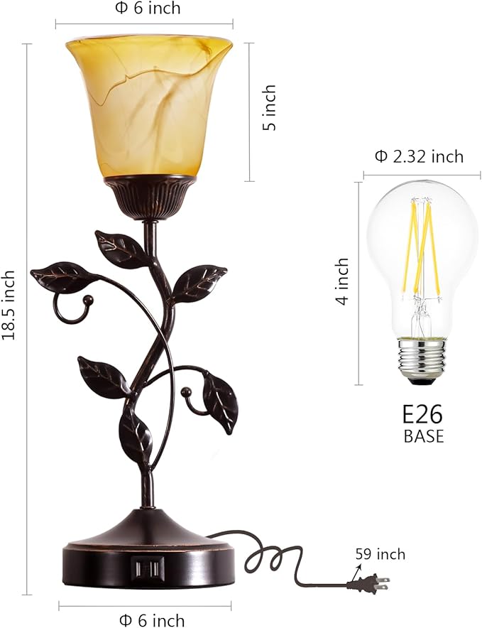 Set of 2 Touch Vintage Table Lamps with 2 USB Ports, 3-Way Dimmable Nightstand Flower Lamps, Amber Glass Shade Rustic Leaf Lamp for Living Room Bedroom, LED Bulb Included (Bronze)