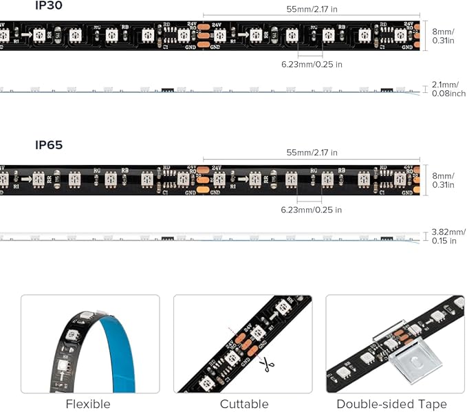 BTF-LIGHTING 2835SMD WS2811 IC RGB Chasing Color LED Strip Light 16.4FT DC24V 108LED/m 18Pixels/m 8mm Width IP65 Flexible Addressable Strip for Indoor Decor (No Adapter or Controller)