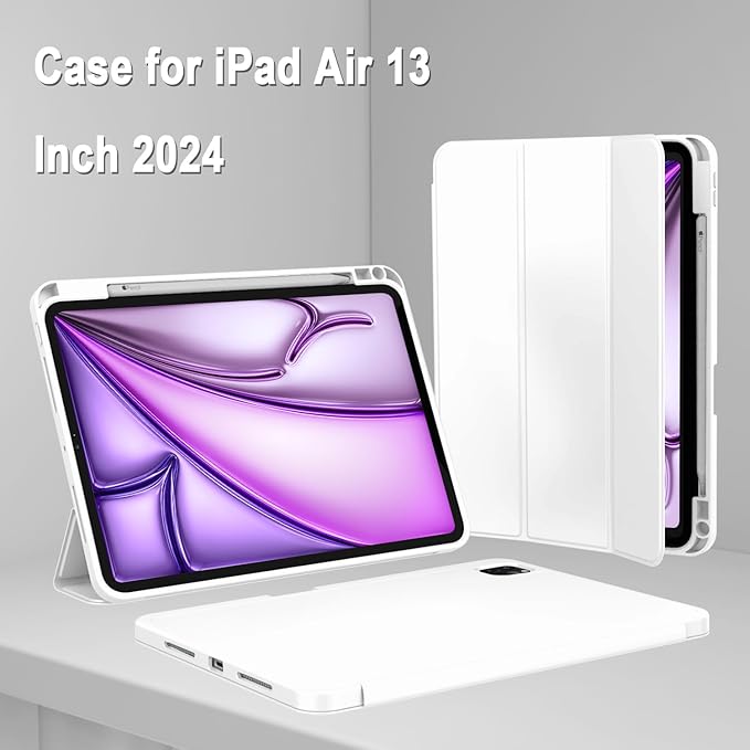ZryXal New iPad Air 13 Inch Case M3 2025/M2 2024 with Pencil Holder, Trifold Stand Smart Case with Soft TPU Back,Auto Wake/Sleep(White)
