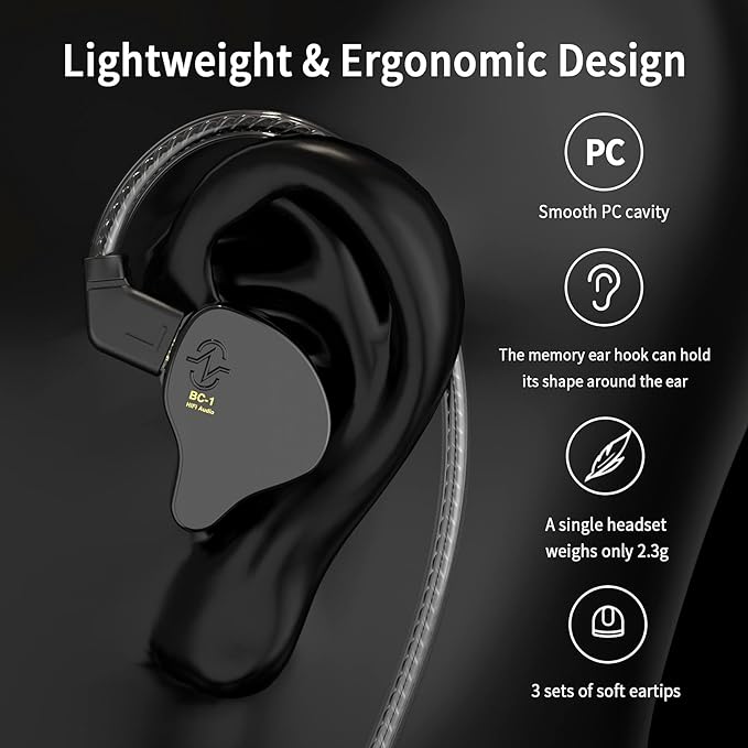 CCZ Melody USB C Headphones Wired Type-C in Ear Monitor, Professional USB C Wired Earbuds Gaming Earphones with 1BA 1DD Patent Ear fins Ear tips for Singer Musician Stage (Clear Black, USBC-With Mic)