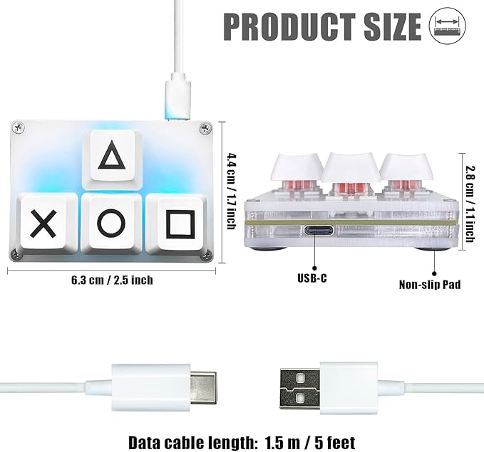 BTXETUEL Mini 4-Key Keypad WASD Arrow Key Keycaps Keyboard One-Handed Mechanical Gaming Keypad Programmable USB-C Customized Keyboard for Working or Gaming (White, X-B Keycaps)