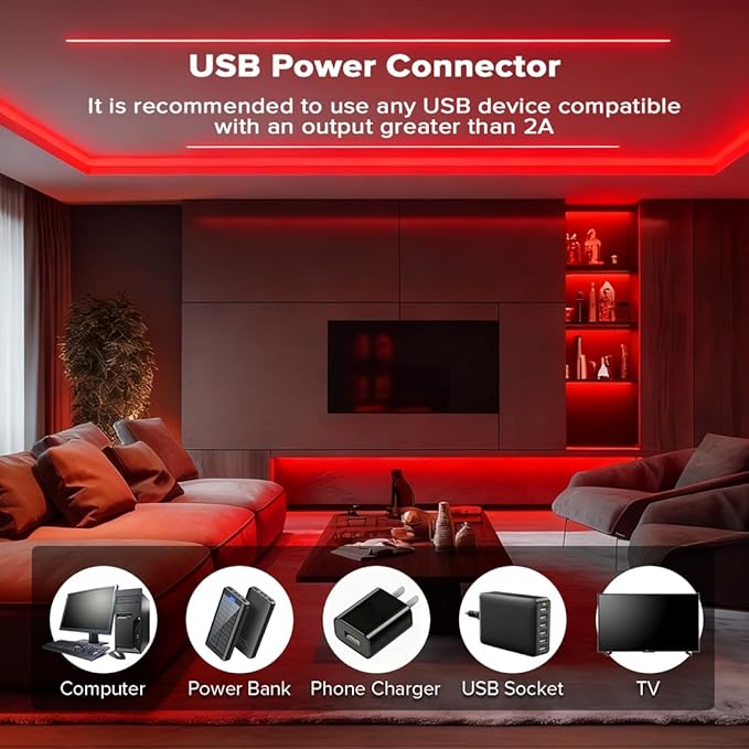 5V COB Red Led Strip Light 6.56FT USB Powered CRI90+ LED Tape Lights with Dimmer, 8mm Width Dimmable High Density Flexible Strips for TV Under Cabinet Bedroom
