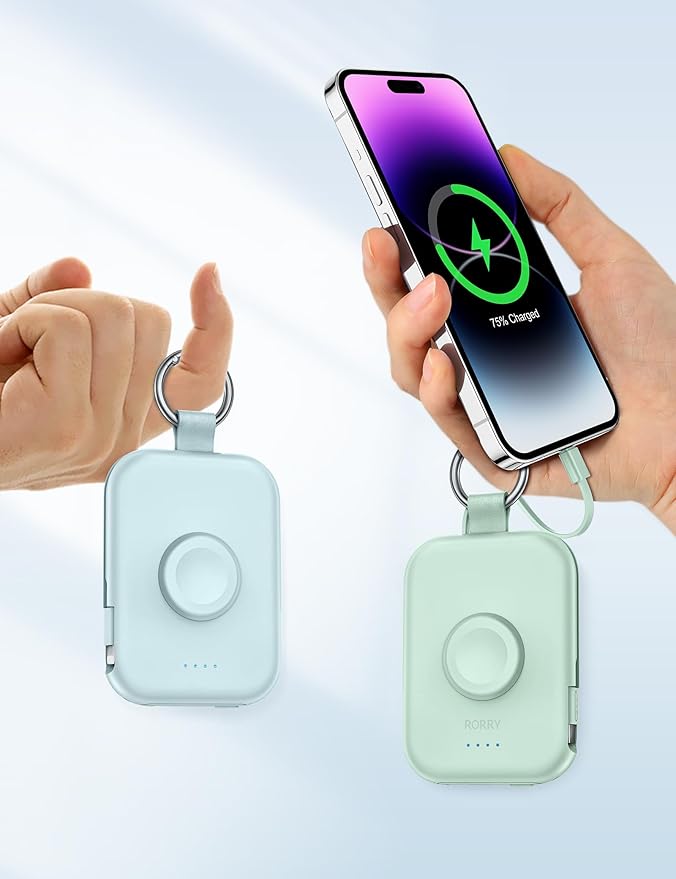 RORRY Portable Charger, 5000mAh Portable Charger Power Bank with Built-in Cables, Travel Keychain Battery Pack for Apple Watch Ultra/11/10/9/8/7/6/SE, iPhone Air/17/16/15/14/13/12, Green