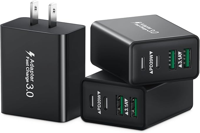3-Pack USB C Wall Charger Block, 40W Fast USB C Charging Block, 4-Port Dual PD Power Adapter+QC Wall Plug Cube Multiple Type C Charger Block for iPhone 16 15 14 13 12 11 Pro Max, Samsung, iPad