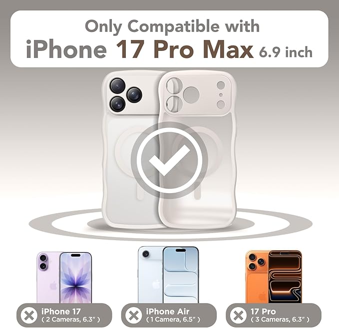 CAPRARO Magnetic for iPhone 17 Pro Max Case for Women Girls, Upgraded [Full Camera Protection] [Compatible with MagSafe] Cute Wave Translucent Matte Phone Case for iPhone 17 Pro Max, Stone
