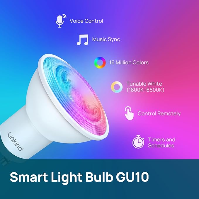Linkind GU10 Smart Light Bulbs, 40W 470LM Color Changing Light Bulbs, Works with Alexa/Apple Home/Google Home, Dimmable(1800K-6500K), Music Sync & Light Shows, 2Pack